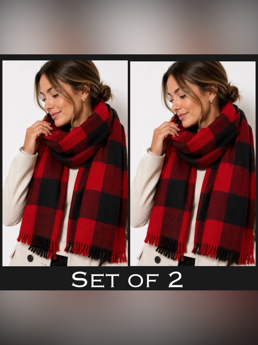Old Navy Matching Red and Black Buffalo Plaid Scarves- Set of 2
